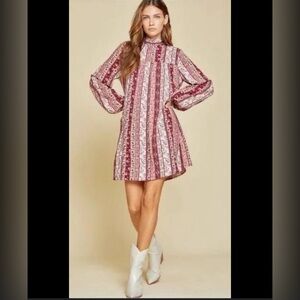 Andree Burghandy BOHO Balloon Sleeve Flowy Dress Women Size Small NWT